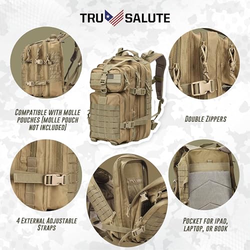Tru Salute 45L Military Tactical Backpack Large Army 3 Day Assault Pack Molle Bug out Bag Rucksack (Tan) - color: Tan