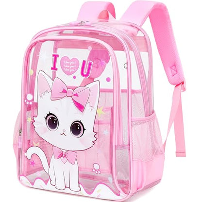 AO ALI VICTORY Clear Backpack for School,PVC Transparent Kids Bookbag for Girls Boys Cute Toddler Back Pack Kindergarten Elementary Schoolbag Stadium Approved See Through Backpacks,Pink Cat - color: Pink Cat