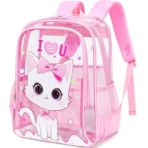 AO ALI VICTORY Clear Backpack for School,PVC Transparent Kids Bookbag for Girls Boys Cute Toddler Back Pack Kindergarten Elementary Schoolbag Stadium Approved See Through Backpacks,Pink Cat - color: Pink Cat
