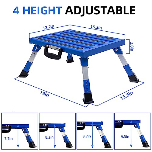 Homeon Wheels Aluminium RV Steps Adjustable Folding Step Stool with Non-Slip Rubber Feet, Stable Platform, Safety Strips, Handle, Easy Carry, Outdoor Camper Trailer Travel - Blue - color: Blue