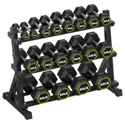 HANDBODE 3-Tier Dumbbell Rack Stand, 1000LB Capacity Storage Rack, Weight Rack for Dumbbells, Kettlebell, 390–700 lb Rubber Coated Fixed Weight Sets, Home Gym Strength Training Equipment - color: 510 lb Set (5-60 lb) *2 & Rack