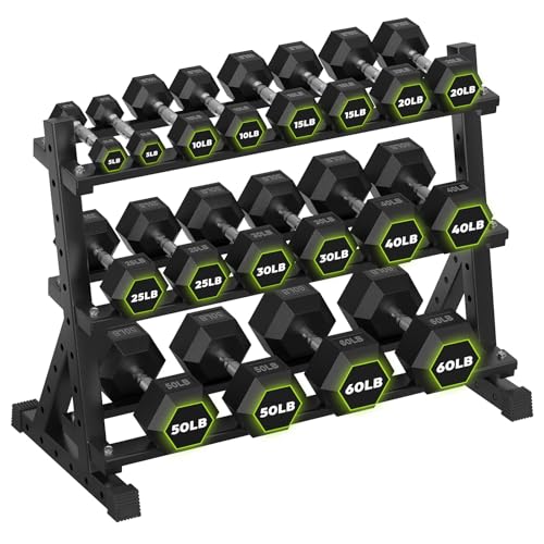 HANDBODE 3-Tier Dumbbell Rack Stand, 1000LB Capacity Storage Rack, Weight Rack for Dumbbells, Kettlebell, 390–700 lb Rubber Coated Fixed Weight Sets, Home Gym Strength Training Equipment - color: 510 lb Set (5-60 lb) *2 & Rack