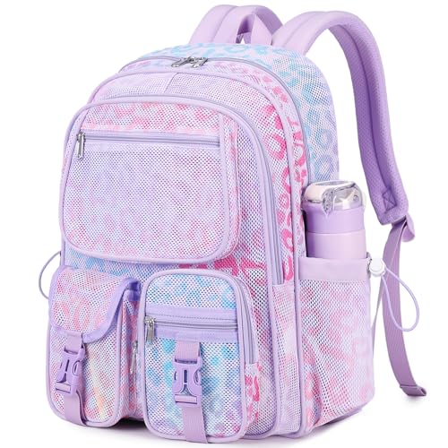 MOONBABY Mesh Backpack Heavy Duty See Through Net Bookbag Semi-Transparent Net Back Pack for Beach, Swimming, Sports, Work, Travel (Purple Leopard) - color: Purple Leopard