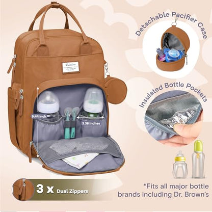 RUVALINO Diaper Bag Backpack-Multifunction Baby Travel Bag with Changing pad, Insulated Bottle Holders & Pacifier Case, Large Capacity, Waterproof, Dark Brown - color: Dark Brown