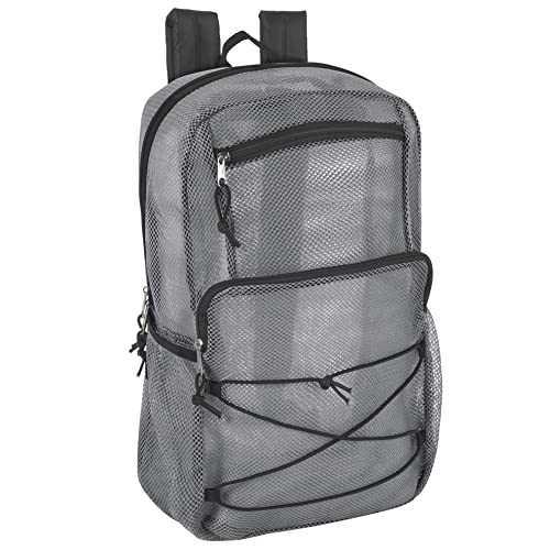 Deluxe See Through Mesh Backpack with Bungee Cord & Adjustable Padded Straps for Swimming, Travel (Grey) - color: Grey