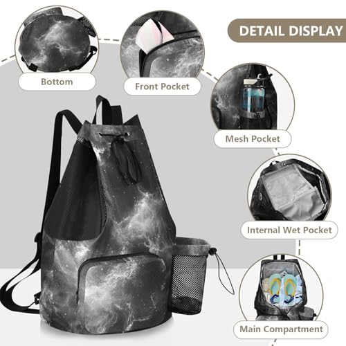 Drawstring Gym Swim Bag With Water Bottle Pocket Hiking Drawstring Backpack with Wet Dry Compartments Fog Black Mystery