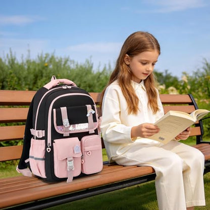 MUSEVOS Girls Backpack, Kids Backpack for Girls, School Bookbag for Teens Age 6-15, Large Capacity Water Resistant Backpack for Elementary to High School, Cute Travel Daypack, Black Pink - color: Black Pink