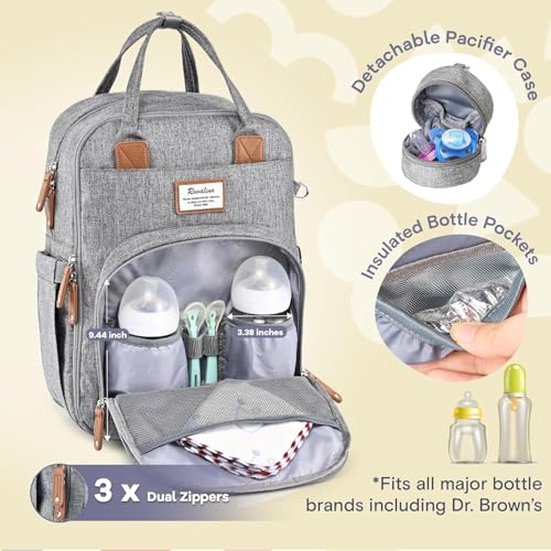 RUVALINO Diaper Bag Backpack-Expandable Baby Bag with up to 50% Capacity -Baby Essentials Bag with Changing Pad Insulated Bottle Holders & Pacifier Case, Waterproof, Gray XL - color: Gray