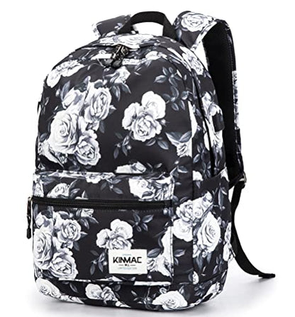 Kinmac White Rose Pattern 15 inch Waterproof Laptop Travel Outdoor Backpack With USB Charging Port For 13 inch 14 inch and 15.6 inch Laptop - color: White Rose