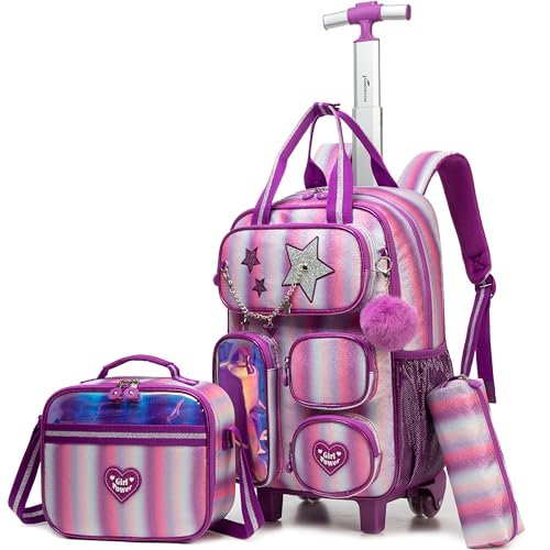 Kids Rolling Backpack with Wheels for Girls Elementary Students Kids Travel Luggage Carry on School Backpack for Girls Ages 6-8 - color: A Stripe