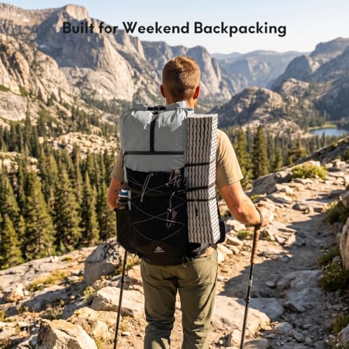 Haimont 40L+15L Roll-Top Backpacking Pack with Rain Cover, Grey | Expandable 55L, Hip Belt Support, Sleeping Pad Carry, Pole Attachments, YKK & Duraflex - color: Grey
