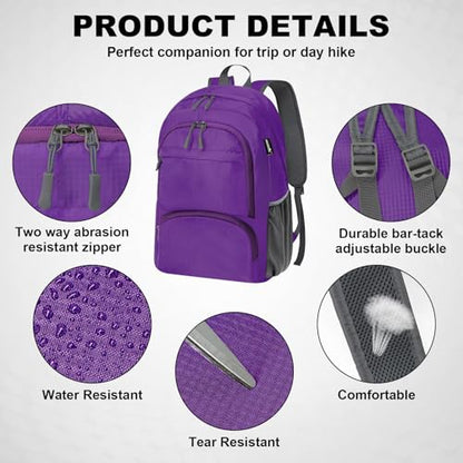 HOLYLUCK 20L Lightweight Packable Hiking Daypack Foldable Backpack for Men Women Small Travel Outdoor Foldable Shoulder Bag-purple - color: Purple