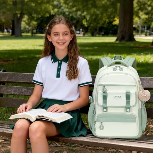 School Backpack for Girls, Laptop Backpack 15.6 Inch Kids Elementary Middle High School Bag Anti Theft Cute College Bookbags for Teens Girls Women Students Casual Travel Daypack,Green Beige - color: Green