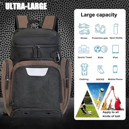LARIPOP Basketball Backpack with Ball & Ventilated Shoe Compartment Insulated Pockets for Men Training - color: brown