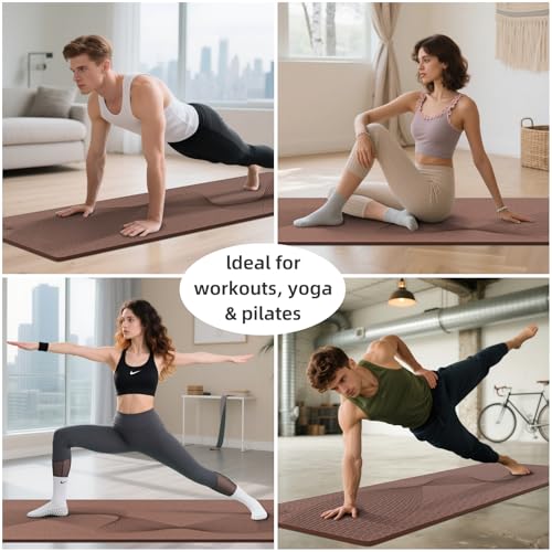 ILILI Yoga Mat, TPE Exercise Mat, Tear-Resistant, Fitness Yoga Mat with Carrying Strap, 72''x25''×0.3''(8mm), Ideal for Yoga, Pilates, Home Workouts, Stretching & All Fitness Routines - color: brown