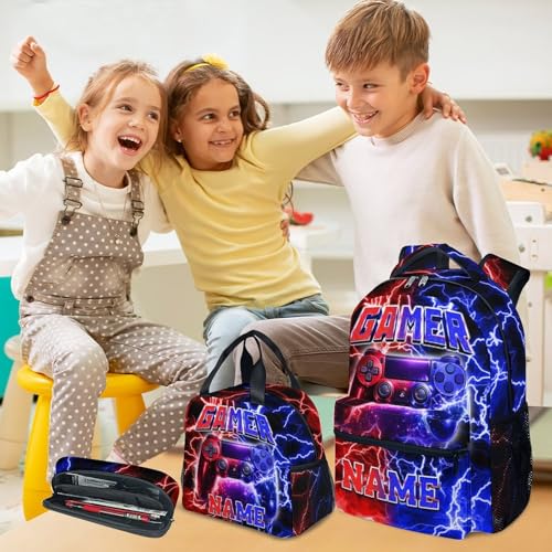 UNIKITTY Boys Gaming Backpack Set with Lunch Box & Pencil Case, Custom School Backpack for Kids & Teens, 17 Inch Large Capacity Gamer Bookbag, Water Resistant for Elementary & Middle School - color: Multicolor
