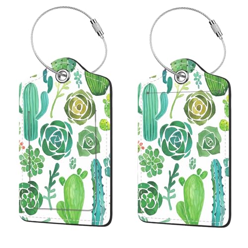 2 Pcs Luggage Tags for Suitcase, Cute Unique PU Leather Travel Bag Tag with Privacy Cover ID Label Address Card and Durable Metal Ring Suitable for Men Women Children Backpack,Cacti - color: Cacti