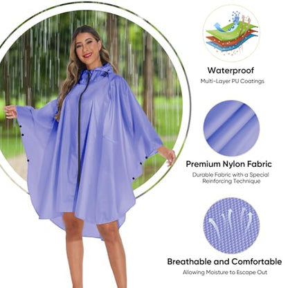 PTEROMY Hooded Rain Poncho for Adult with Pocket and Zipper, Waterproof Lightweight Raincoat for Men and Women - color: Purple