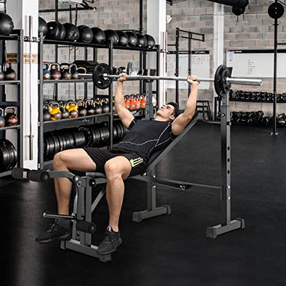 Goplus Adjustable Olympic Weight Bench Barbell Rack Set, Foldable Workout Bench Press Set with Leg Developer, Squat Rack, Home Gym Flat Incline Decline Weight Lifting Strength Training