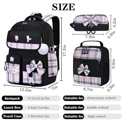 NSEQB Girls Backpack,Kids School Backpack With Lunch Box Pencil Case Set,Cute Childrens Schoolbag For Girls - color: Black-3PCS