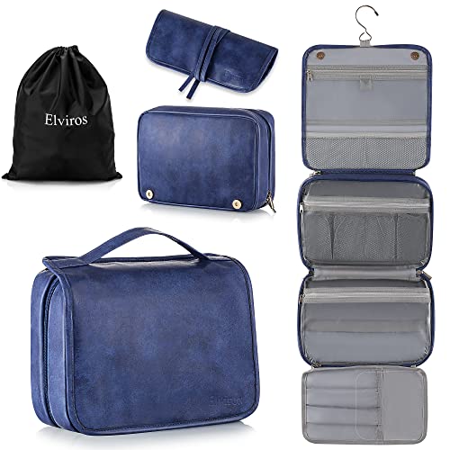 Elviros Hanging Toiletry Bag for Men Travel Essentials 3-in-1 Large Waterproof Dopp Kit PU Leather Shaving Bag with Separate Compartments for Grooming and Toiletries - color: Blue