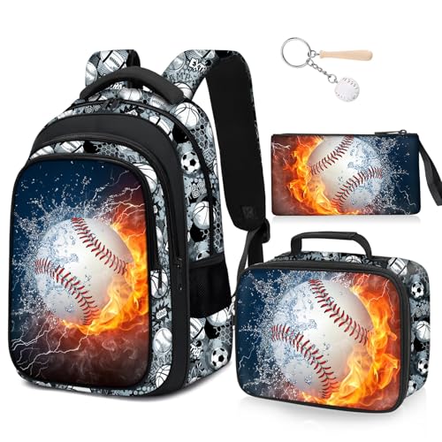School Backpack for Boys - 4pcs Baseball Boys Backpack with Lunch Box Set for Kids Children Teens Elementary Middle School - 17″ Sport Bookbag Travel Back Pack for Age 6-18 - color: Baseball Backpack01 Set