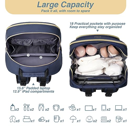 MOMUVO Diaper Bag Backpack, Quilted Baby Bag with Changing Pad & Stroller Straps & Pacifier Case, Large Travel Diaper Bags for Mom Dad, Blue - color: Blue