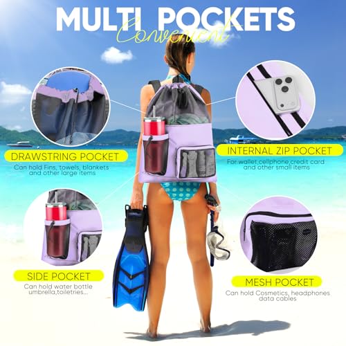HOHOM Swim Mesh Beach Bag, Waterproof Gym Bags for Women and Men, Large Pool Bag Swimming Gear Drawstring Backpack - color: Lavender