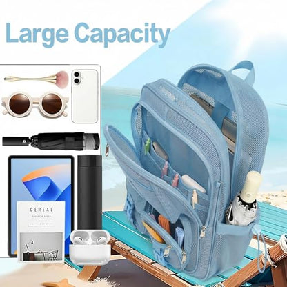 Mesh Backpack for Girls Boys, Women Mesh Bookbags Heavy Duty Semi-Transparent School Bag Net Back Pack for Travel, Beach, Swimming, Work - Baby Blue - color: Baby Blue