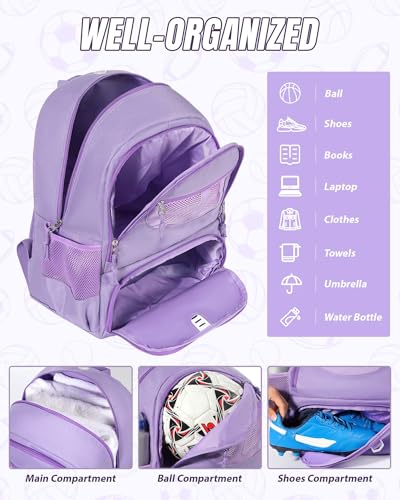 Basketball Bag Backpack for Men Women with Ball & Shoes Compartment 30L Capacity Lightweight Breathable Boys Girls Soccer Ball Bag Backpack Fit Volleyball Football Sports Travel School Gym - color: TK8Purple