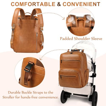 VASCHY Diaper Bag Backpack for Mum Dad, Unisex Large Waterproof Vegan Leather Baby Bag with Changing Pad,Insulated Pockets,Padded Laptop Sleeve for Travel,Brown - color: Tan