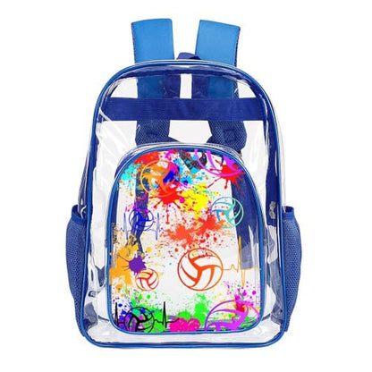 Volleyball Clear Backpack Heavy Duty for Girls Kids Boys Women | Large Cool PVC Volleyball Theme Printing Transparent Backpacks for Schools Stadium Concerts Work - Clear/Blue - color: Volleyball Clear Backpack 1 Blue With Front Pocket