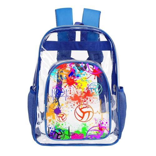 Volleyball Clear Backpack Heavy Duty for Girls Kids Boys Women | Large Cool PVC Volleyball Theme Printing Transparent Backpacks for Schools Stadium Concerts Work - Clear/Blue - color: Volleyball Clear Backpack 1 Blue With Front Pocket