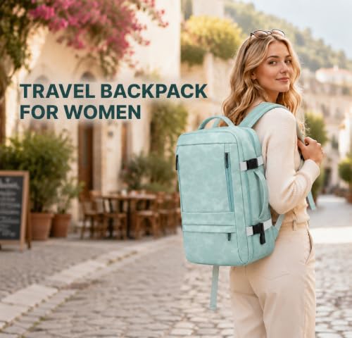 Travel Backpack for Women, PU Leather Carry On Backpack Flight Approved with Laptop Compartment, 40L Expandable Personal Item Travel Bag for Traveling Weekender Business (Light Blue) - color: Light Blue