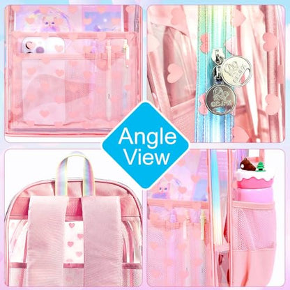 gxtvo 3PCS Transparent Backpack Heavy-Duty Set for Women & Teen Girls, 17" Pink Clear Bookbag with Rainbow Strap, Cute Love See Through School Bag - color: Pink Love Accents Clear Backpack Set