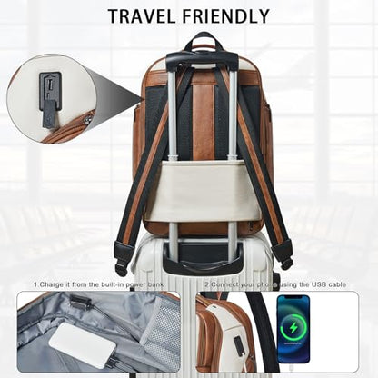 Shrrie Leather Backpack for Women, 17 Inch TSA Travel Backpack with USB Charger, 48L Expandable Large Capacity Computer Backpack Purse for Work Business Travel, Beige - color: Beige With Brown