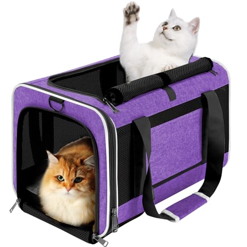GAPZER Pet Carrier for Large Cat 20 lbs+ / Soft Sided Small Dog 12 Pounds Travel Crate Top Load/Collapsible Kitty Carry Bag Big Kitten Mesh/Sturdy Animal Transport cage Kennel Long Trips Purple - color: Purple