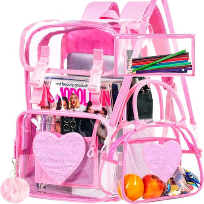 3PCS Pink Clear Backpack, Heavy Duty Transparent Bookbag for Girls Women, Stadium Approved See Through Backpack Set (Pink Sequins) - color: Pink Sequin
