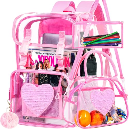3PCS Pink Clear Backpack, Heavy Duty Transparent Bookbag for Girls Women, Stadium Approved See Through Backpack Set (Pink Sequins) - color: Pink Sequin