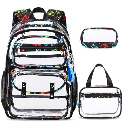 ACESAK Clear Backpack for Boys - 3 Pcs Clear Backpack Heavy Duty with Lunch Bag - See Through Bookbag Stadium Approved for Kids 3+ Age Middle High College School Sport Travel (Game) - color: Game