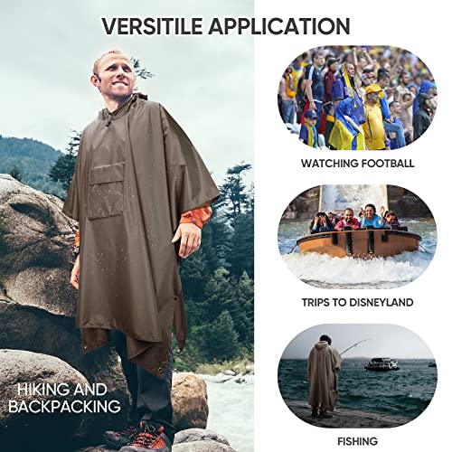 PTEROMY 3-in-1 Hooded Rain Poncho for Adult with Pocket, Waterproof Lightweight Unisex Raincoat for Hiking Camping Emergency - color: Brown