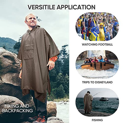 PTEROMY 3-in-1 Hooded Rain Poncho for Adult with Pocket, Waterproof Lightweight Unisex Raincoat for Hiking Camping Emergency - color: Brown