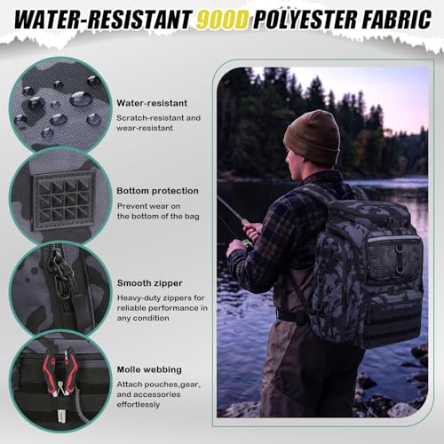 HAMBOLY Fishing Backpack 45L with Rod Holders, Water-Resistant Tackle Backpack for Fishermen, Large Capacity Fishing Gear Bag for Travel Hiking Camping - color: Black and Blue CM