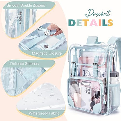 mommore Clear Backpack Heavy Duty Large Clear Bookbag for School Transparent PVC Stadium Approved See Through Back Pack - color: Blue, style: Clear Backpack