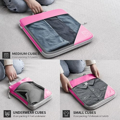 9-Set Packing Cubes with Hanging Bag | 9-Size Combination, Mesh Fabric & Reflective Stripe | Travel Luggage Organizers (Pink) - color: Pink