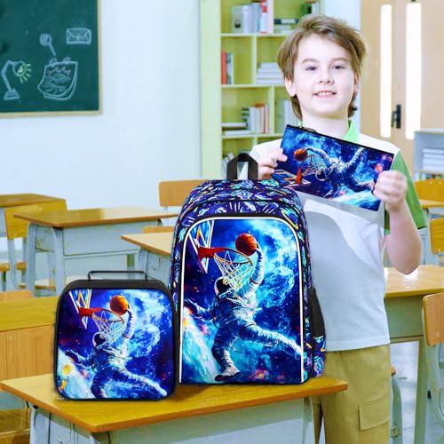 HPJGD 3PCS Kids Astronaut Backpack, Water Resistant Bookbag for Boys Set with Lunch Box, Cool School Bag for Elementary Preschool Toddler - Basketball Astronaut - color: Cool Uv Printed Astronaut Basketball Blue