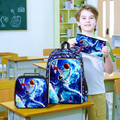 HPJGD 3PCS Kids Astronaut Backpack, Water Resistant Bookbag for Boys Set with Lunch Box, Cool School Bag for Elementary Preschool Toddler - Basketball Astronaut - color: Cool Uv Printed Astronaut Basketball Blue