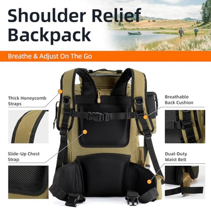 Ghosthorn Fishing Tackle Backpack with 4 3600 Tackle Boxes Rod Holder Outdoor 43L Large Bag with Detachable Wasit Bag Storage Fishing Gear and Equipment Waterproof - color: With 3600*4 Khaki (43l)