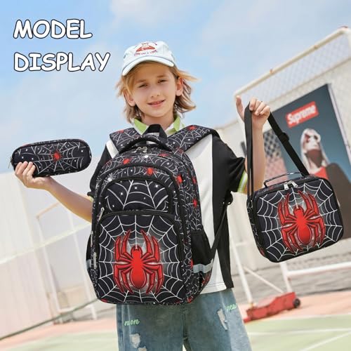 Cusangel kids Backpack with lunch box for School Boys Girls 8-12ages,16in Bookbag Stitch,durable Water Resistant,7 Pockets, Adjustable Chest Strap,Large For Travel,Gifts (Red Spider Set-17in) - color: Red Spider Set-17in