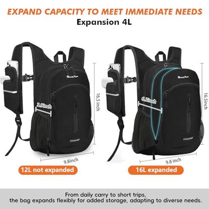 Seektop Small Hiking Backpack Expandable 12L-15L, Lightweight Packable Waterproof Daypack with Phone Pocket for Women Men - color: Black